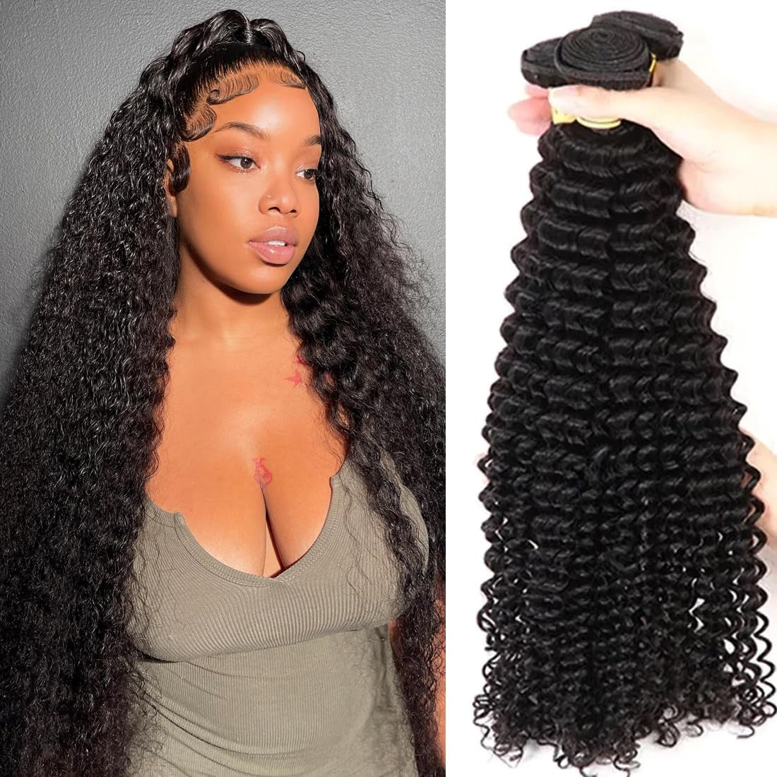 Brazilian Deep Wave Human Hair Bundles 20 22 24 Inch Deep Curly Human Hair 3 Bundles Wet and Wavy Bundles Human Hair 100% Unprocessed Virgin Hair Bundles Double Weft Water Wave Bundles Natural Black