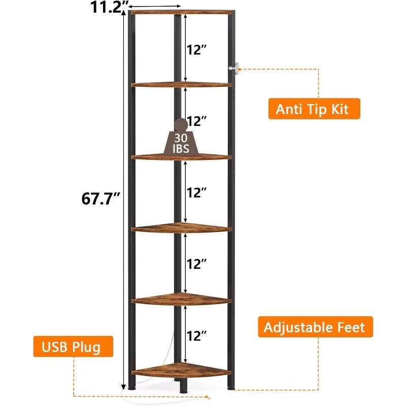 6 Tier Corner Shelf with LED Light, 67.5” Tall Standing Shelf Organizer, Narrow Bookshelf with Storage Rack for Wall Corner