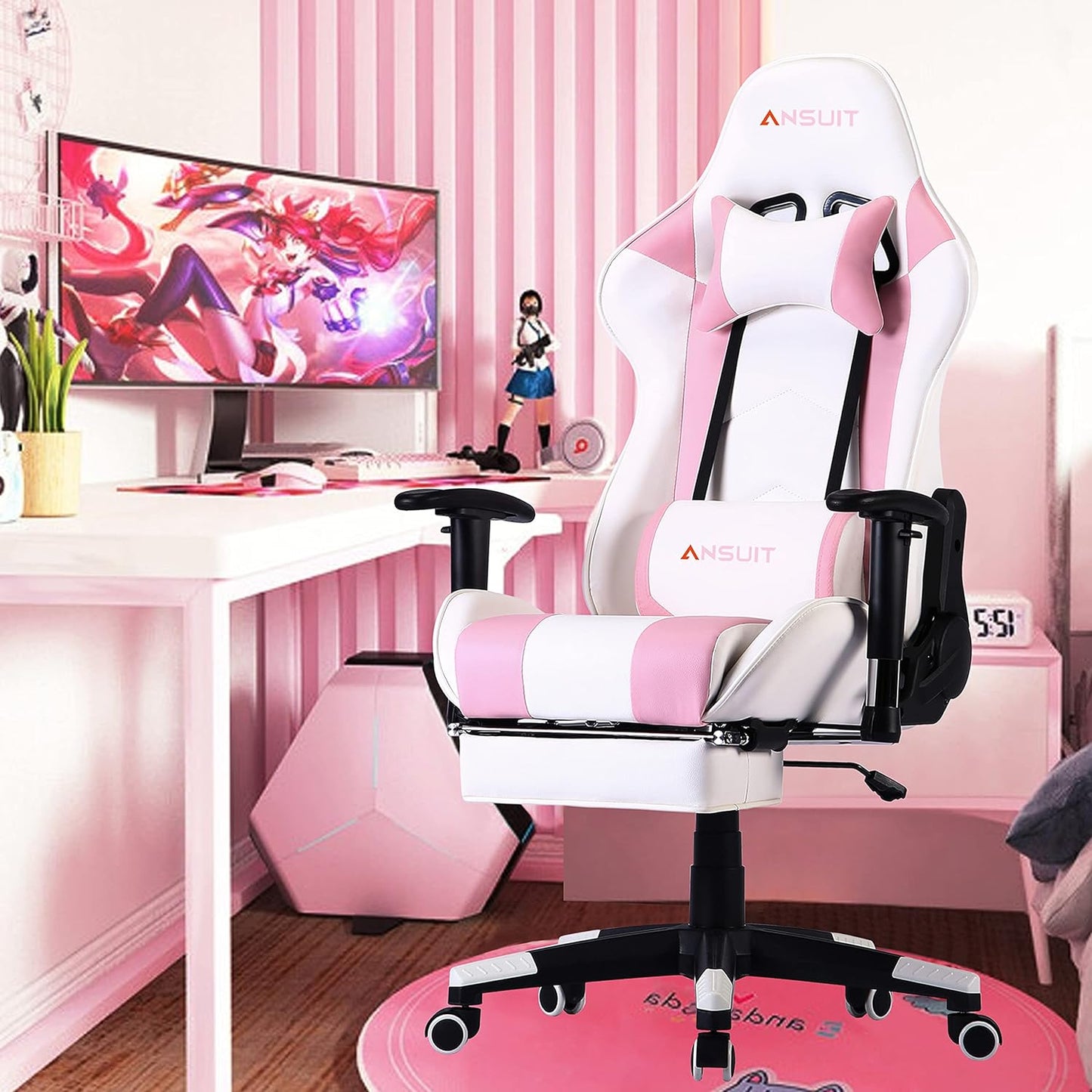 Girls Gaming Chair Pink Gaming Chair,Ergonomic Computer Chair Office Chair Gaming Chair for Adults(Footrest)(White & Pink)