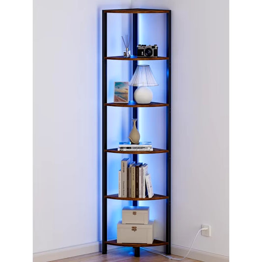 6 Tier Corner Shelf with LED Light, 67.5” Tall Standing Shelf Organizer, Narrow Bookshelf with Storage Rack for Wall Corner