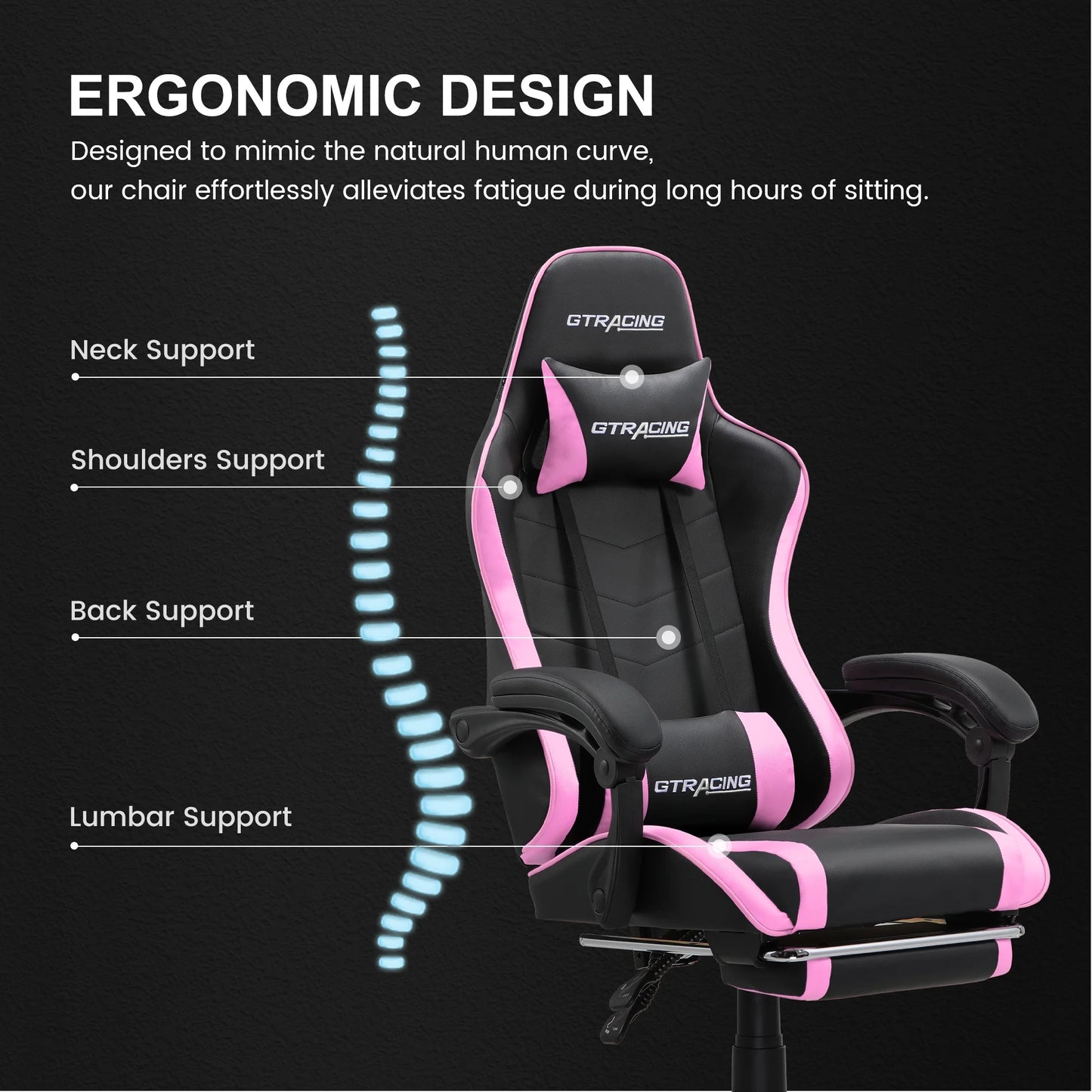 GTWD-200 Ergonomic Gaming Chair with Adjustable Pillows and Footrest , Pink