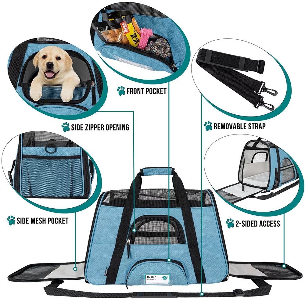 Airline Approved Pet Carrier for Cat, Soft Sided Dog Carrier for Small Dogs, Cat Travel Supplies Accessories for Indoor Cats, Ventilated Pet Carrying Bag Medium Large Kitten Puppy, Large Blue