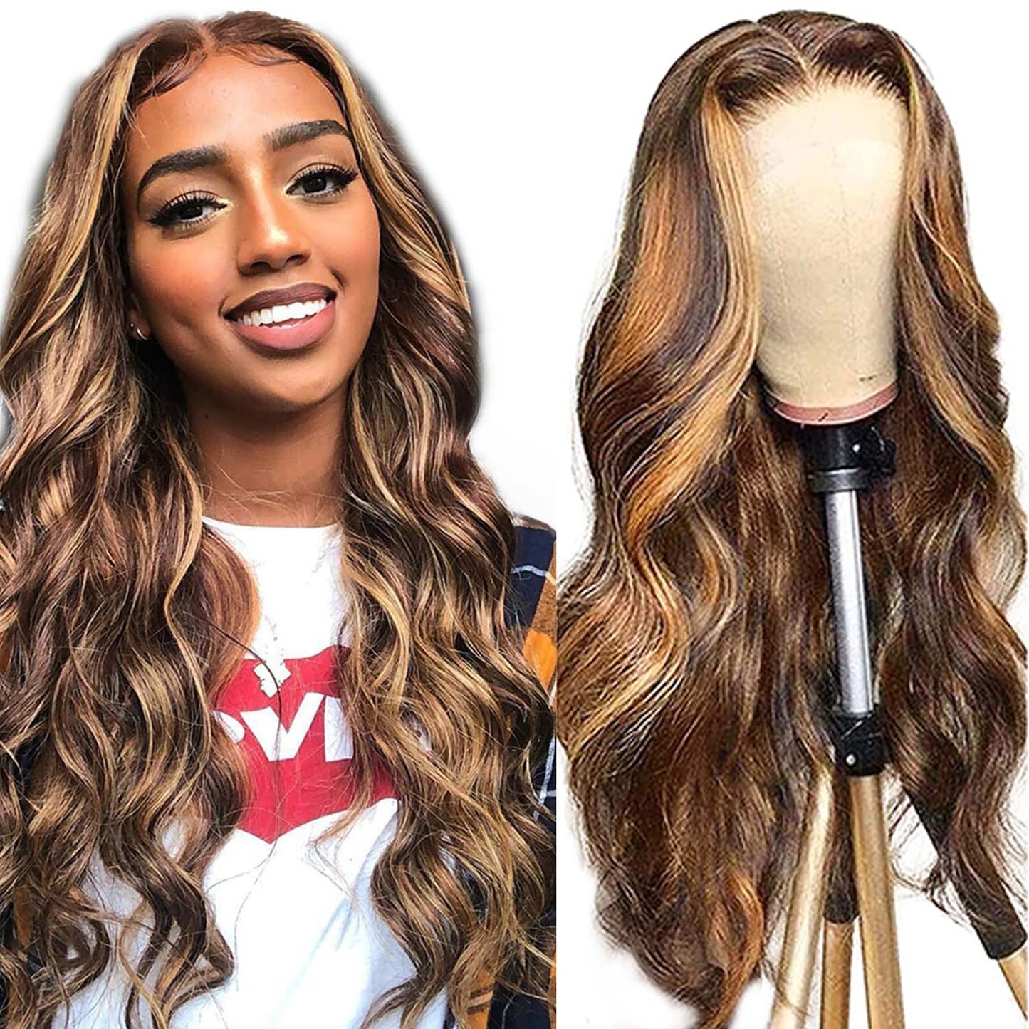 Highlight Ombre 13X4 HD Lace Front Wig Human Hair Pre Plucked Transparent 4/27 Honey Blonde Lace Frontal Wigs with Baby Hair 150 Density Colored Body Wave Lace Front Wig Human Hair 24 Inch