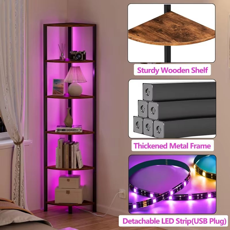 6 Tier Corner Shelf with LED Light, 67.5” Tall Standing Shelf Organizer, Narrow Bookshelf with Storage Rack for Wall Corner