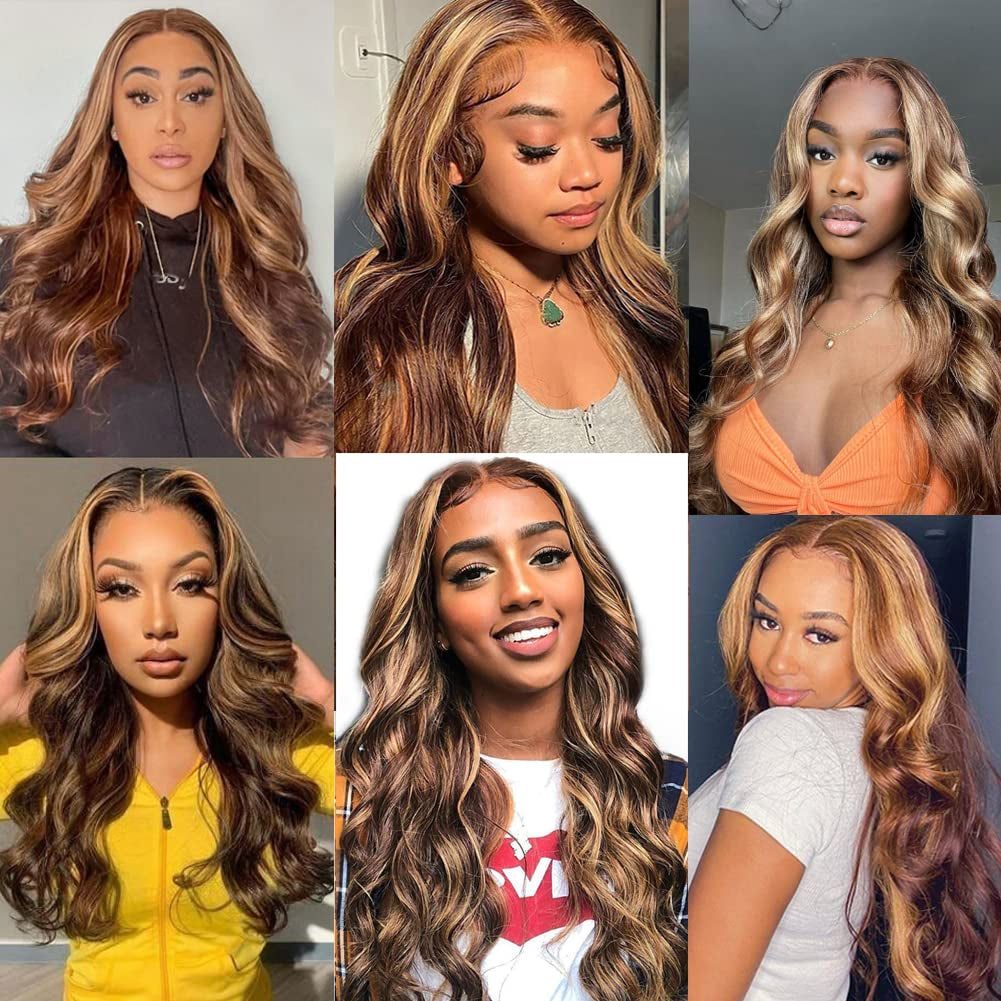 Highlight Ombre 13X4 HD Lace Front Wig Human Hair Pre Plucked Transparent 4/27 Honey Blonde Lace Frontal Wigs with Baby Hair 150 Density Colored Body Wave Lace Front Wig Human Hair 24 Inch