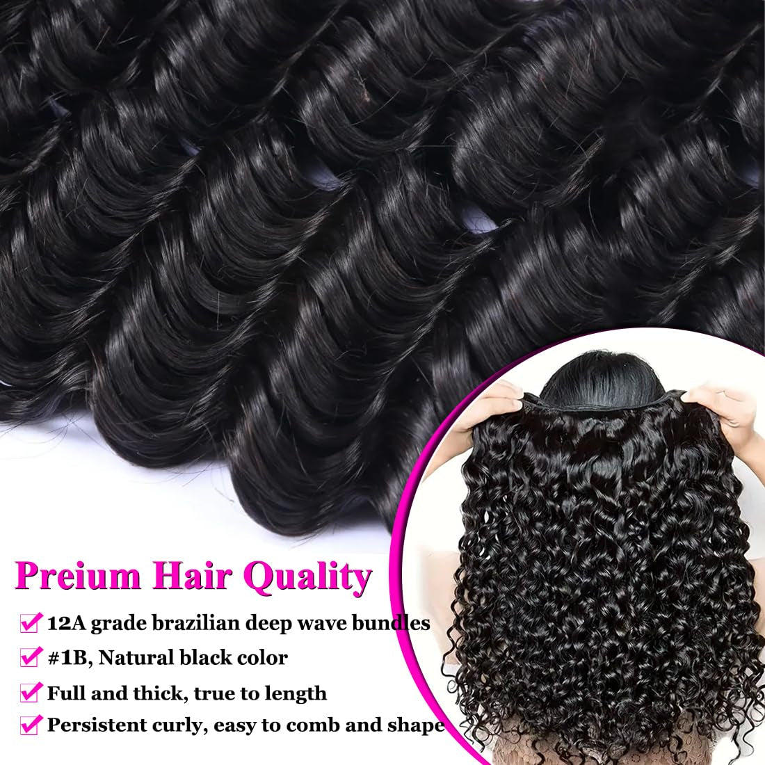 Brazilian Deep Wave Human Hair Bundles 20 22 24 Inch Deep Curly Human Hair 3 Bundles Wet and Wavy Bundles Human Hair 100% Unprocessed Virgin Hair Bundles Double Weft Water Wave Bundles Natural Black