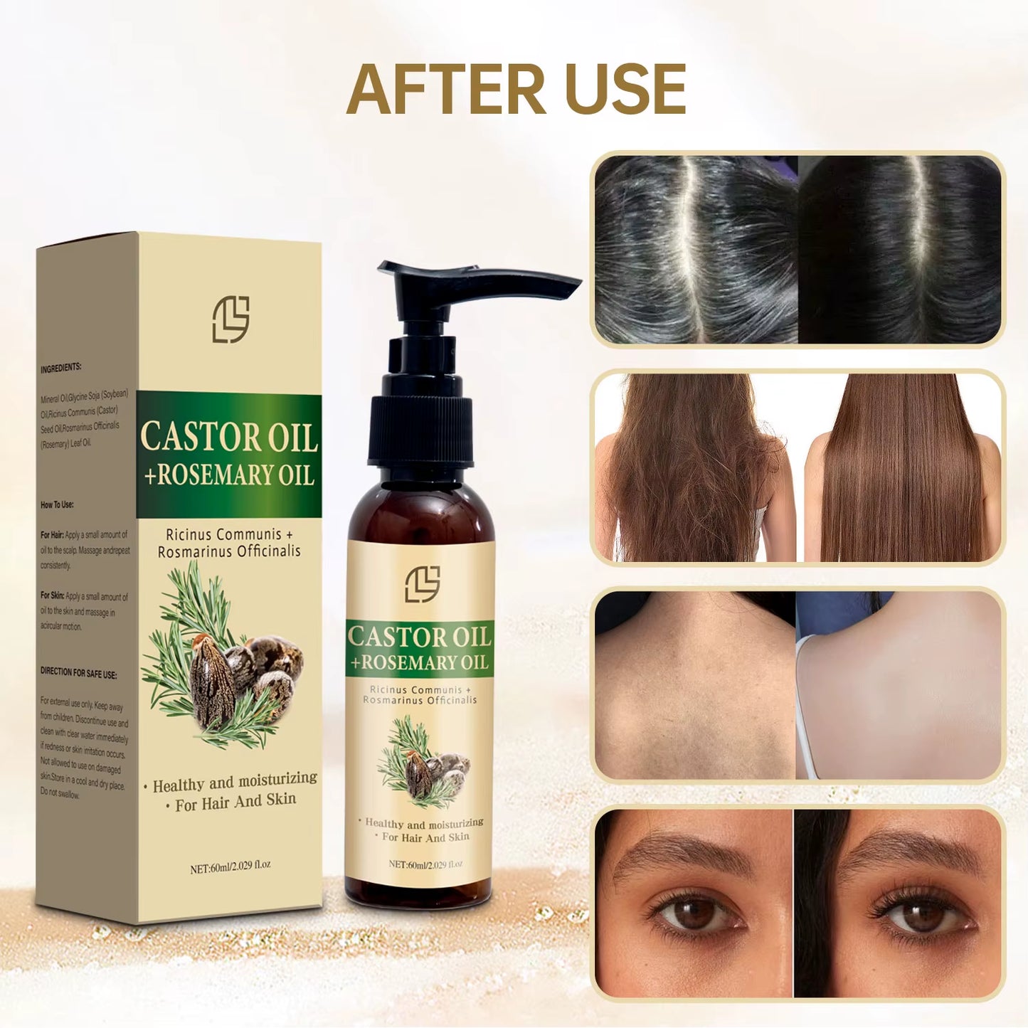 Mix Castor Oil and Rosemary Oil for Hair Growth Enhances Hair Thickness and Shine, Reduce Hair Loss and Split Ends Hair Care Oil