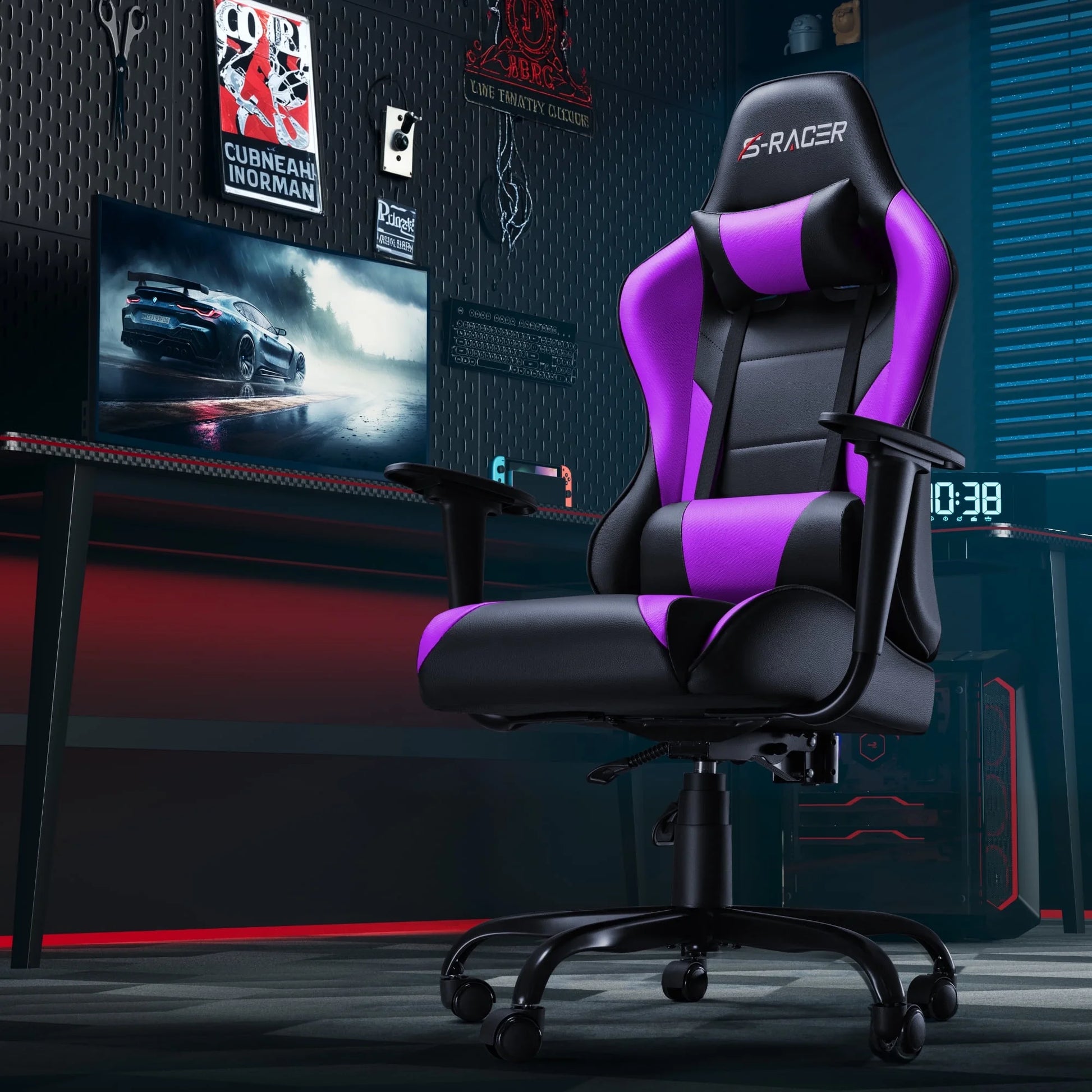 Gaming Chair Office Chair High Back Racing Computer Chair PU Leather Adjustable Seat Height Swivel Chair Ergonomic Executive Chair with Headrest, Purple