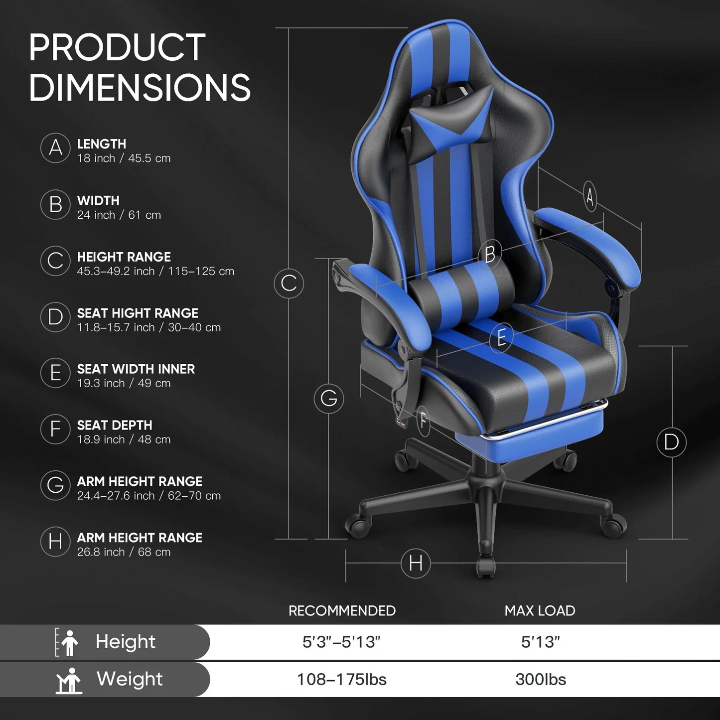 Gaming Chair, Ergonomic, with Massage Lumbar Pillow, Footrest, Adjustable Arms, Blue