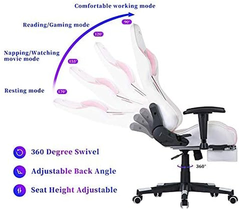 Girls Gaming Chair Pink Gaming Chair,Ergonomic Computer Chair Office Chair Gaming Chair for Adults(Footrest)(White & Pink)