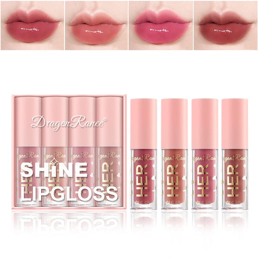 4 Pcs Glossy Lip Gloss Lipgloss Set Lip Stain Long Lasting Waterproof Moisturizing Lip Gloss Kit Plumping Nude Liquid Lipstick for Women - Set B