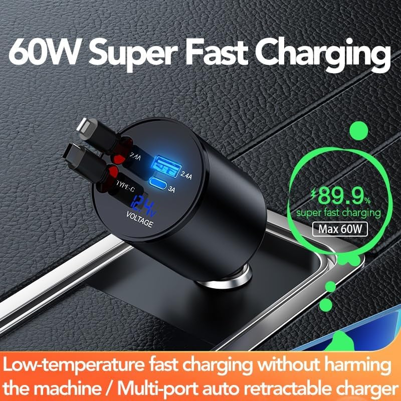 Retractable Car Charger, 4 in 1 Super Fast Car Phone Charger 60W, 2 Retractable Cables and 2 USB Ports Car Charger Adapter,Compatible with Iphone 16/15/14/13/12/11,Air-Pods 4,Galaxy,Pixel