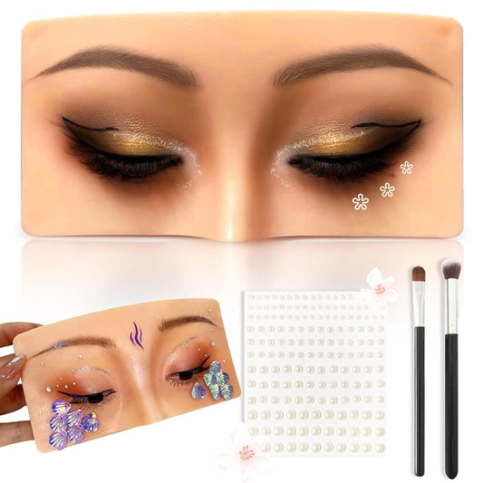 Makeup Practice Face, Silicone Makeup Practice Face Board with 165Pcs Pearl Stickers and Makeup Brushes, Suitable for Makeup Artists and Beginners to Practice Eye Face Makeup (Wheat)