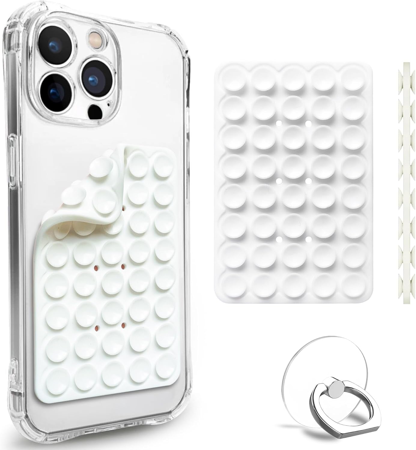 Double Sided Silicone Suction Cup Phone Mount Case for Selfies and Videos - Attach to Glass, Mirrors, Kitchen, Bathroom Sticky Grip for Iphone and Android - 3.97 Inches, White