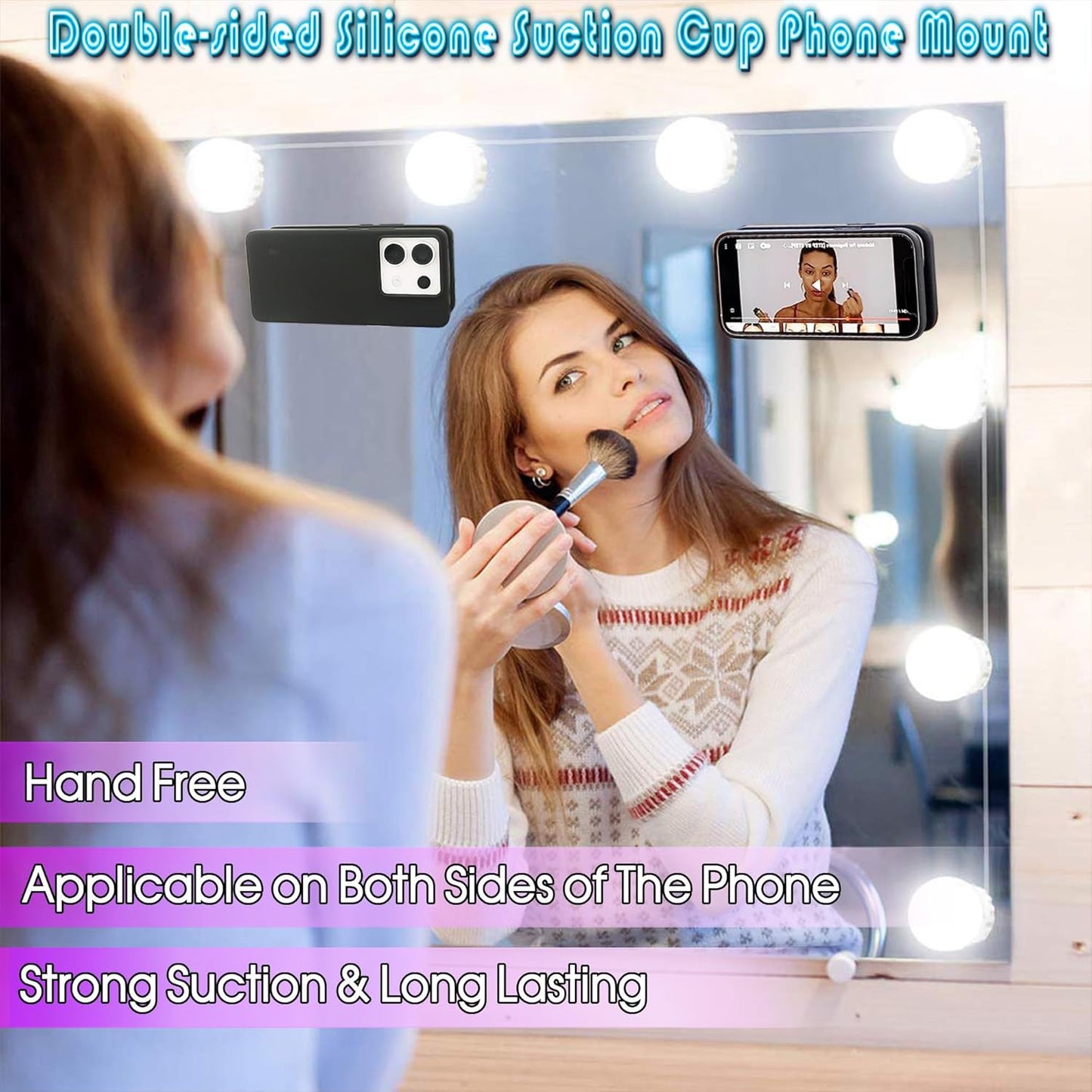 Double Sided Silicone Suction Cup Phone Mount Case for Selfies and Videos - Attach to Glass, Mirrors, Kitchen, Bathroom Sticky Grip for Iphone and Android - 3.97 Inches, White