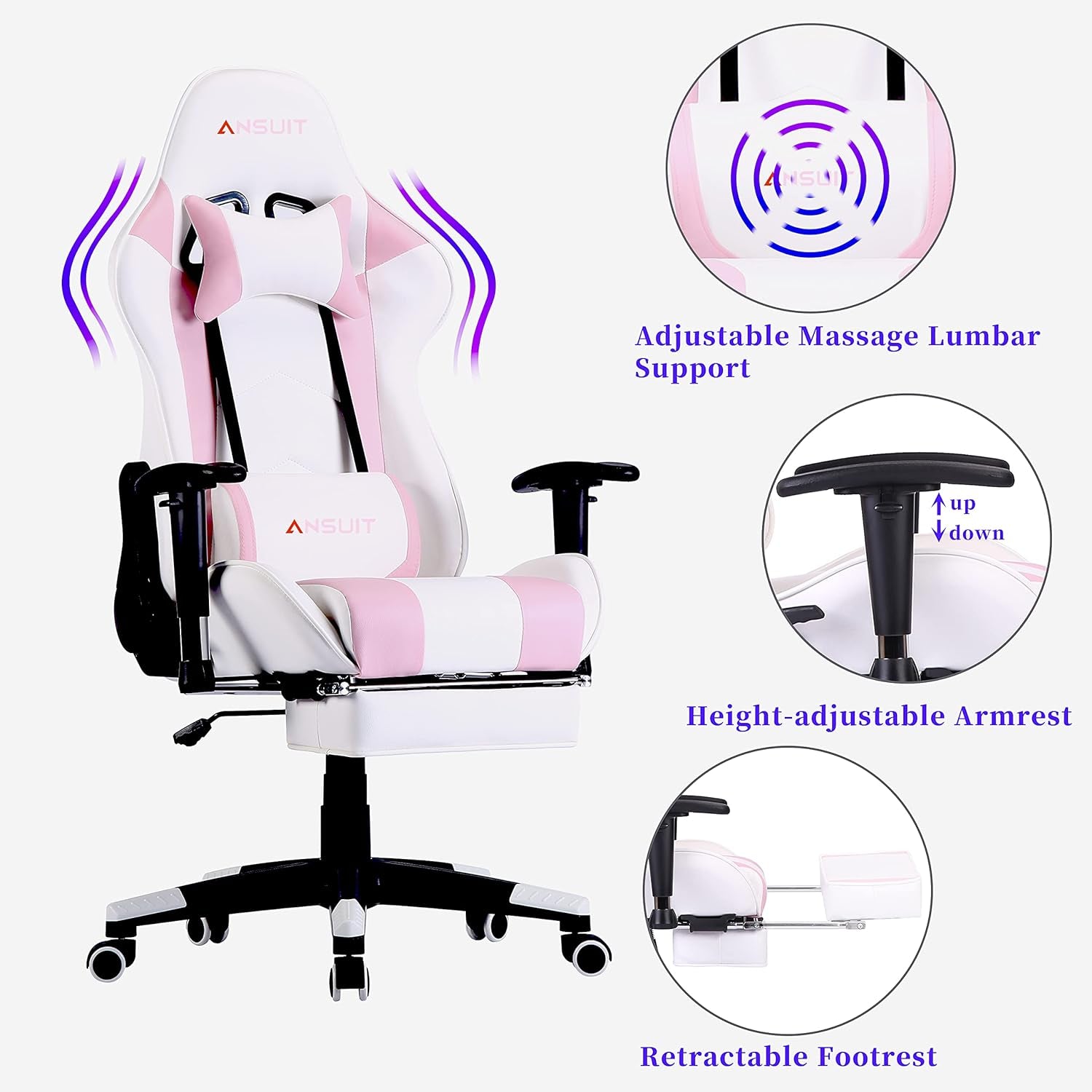 Girls Gaming Chair Pink Gaming Chair,Ergonomic Computer Chair Office Chair Gaming Chair for Adults(Footrest)(White & Pink)