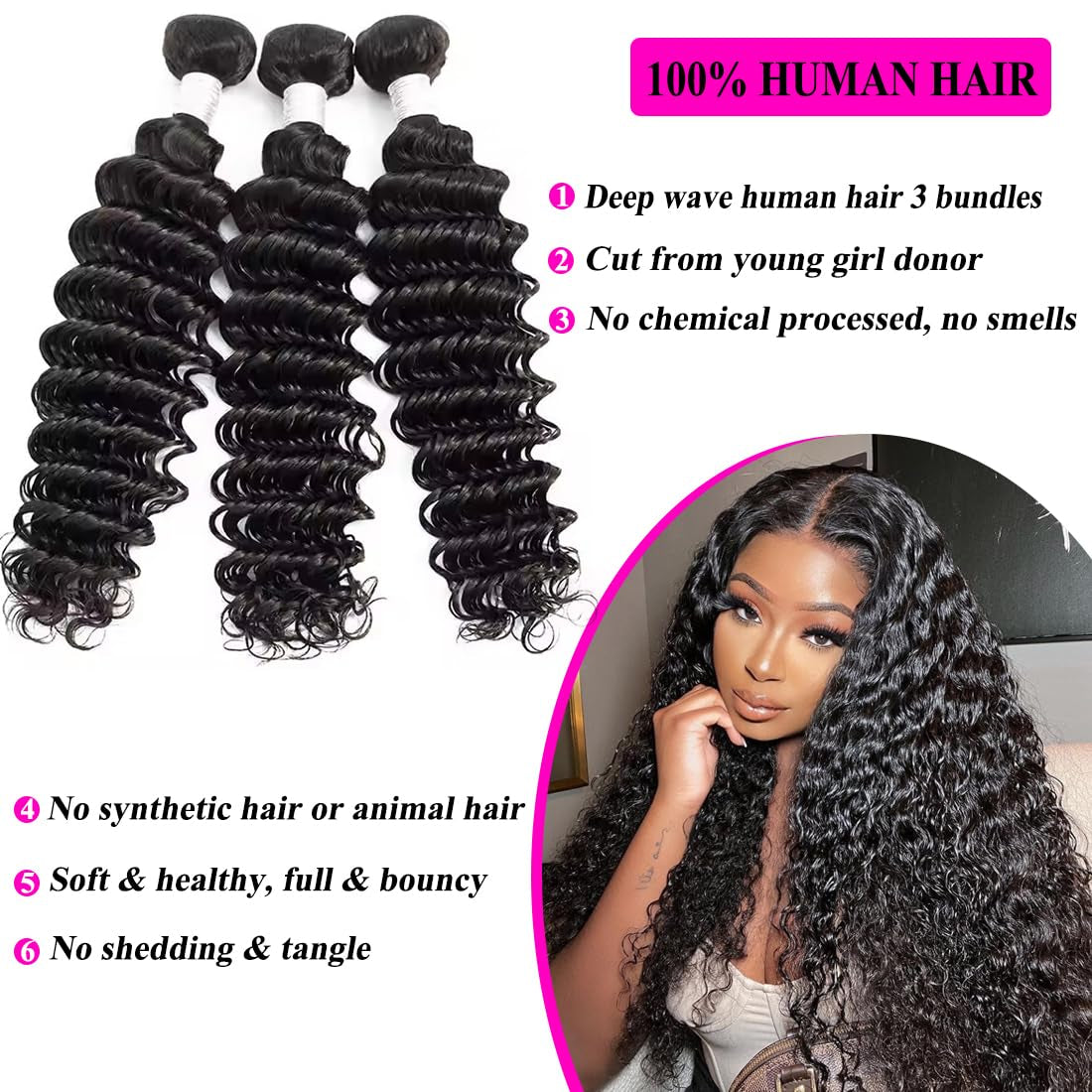 Brazilian Deep Wave Human Hair Bundles 20 22 24 Inch Deep Curly Human Hair 3 Bundles Wet and Wavy Bundles Human Hair 100% Unprocessed Virgin Hair Bundles Double Weft Water Wave Bundles Natural Black