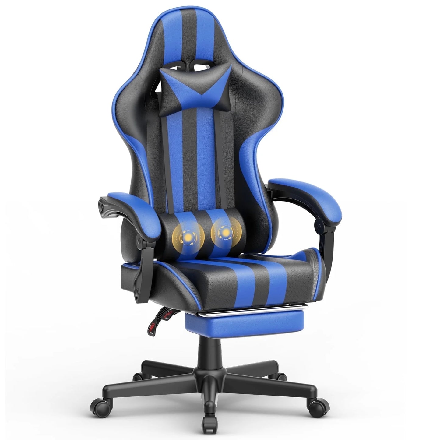 Gaming Chair, Ergonomic, with Massage Lumbar Pillow, Footrest, Adjustable Arms, Blue