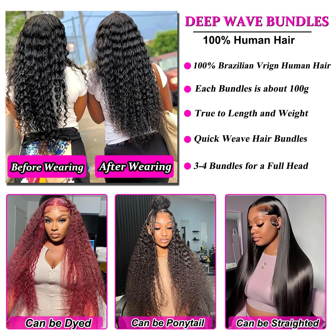 Brazilian Deep Wave Human Hair Bundles 20 22 24 Inch Deep Curly Human Hair 3 Bundles Wet and Wavy Bundles Human Hair 100% Unprocessed Virgin Hair Bundles Double Weft Water Wave Bundles Natural Black