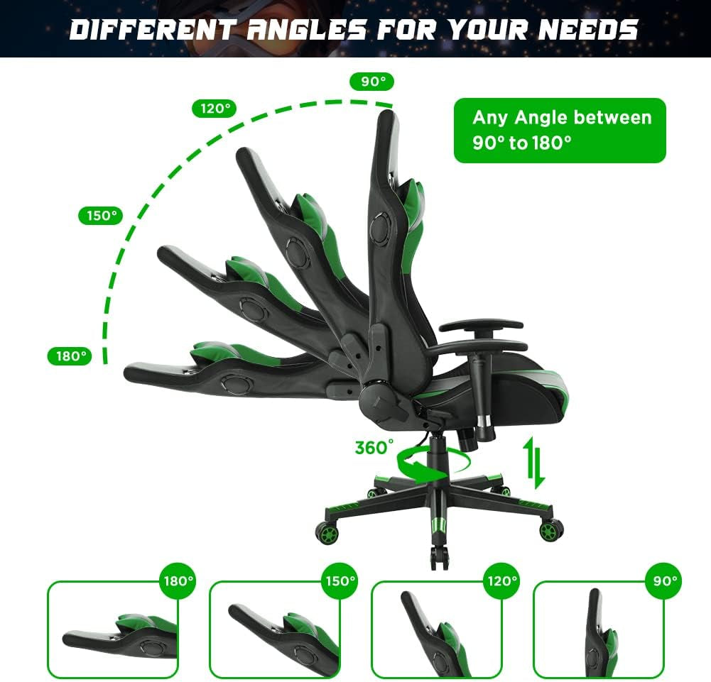 Gaming Chair with RGB LED Lights and Speakers,Video Game Chair, Swivel Racing Office Reclining Chair with Headrest & Lumbar Support, PU Leather High Back Computer Chair, Green