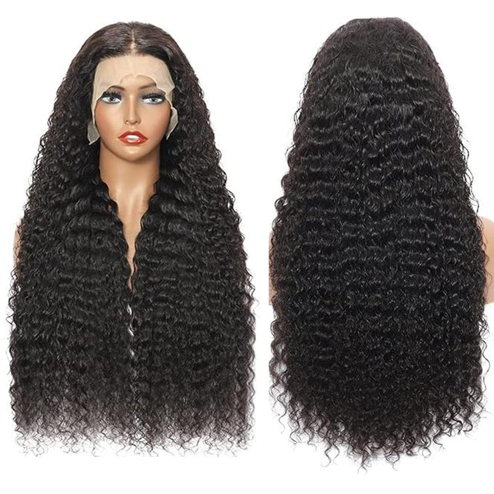 13X6 Deep Wave Lace Front Wigs Human Hair 220 Density Deep Curly Lace Front Wigs Human Hair Glueless Transparent Lace Frontal Wig for Women Pre Plucked with Baby Hair Natural Black (26 Inch)