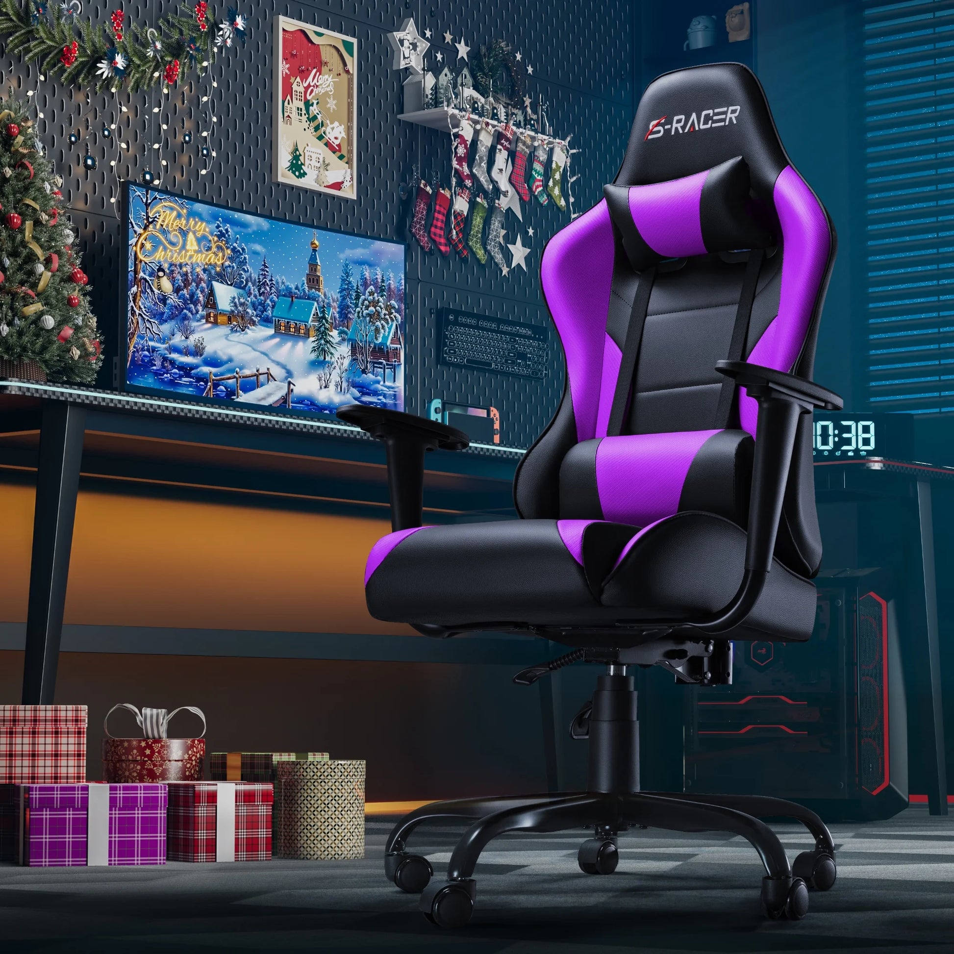 Gaming Chair Office Chair High Back Racing Computer Chair PU Leather Adjustable Seat Height Swivel Chair Ergonomic Executive Chair with Headrest, Purple