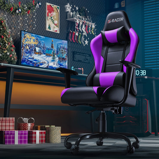 Gaming Chair Office Chair High Back Racing Computer Chair PU Leather Adjustable Seat Height Swivel Chair Ergonomic Executive Chair with Headrest, Purple