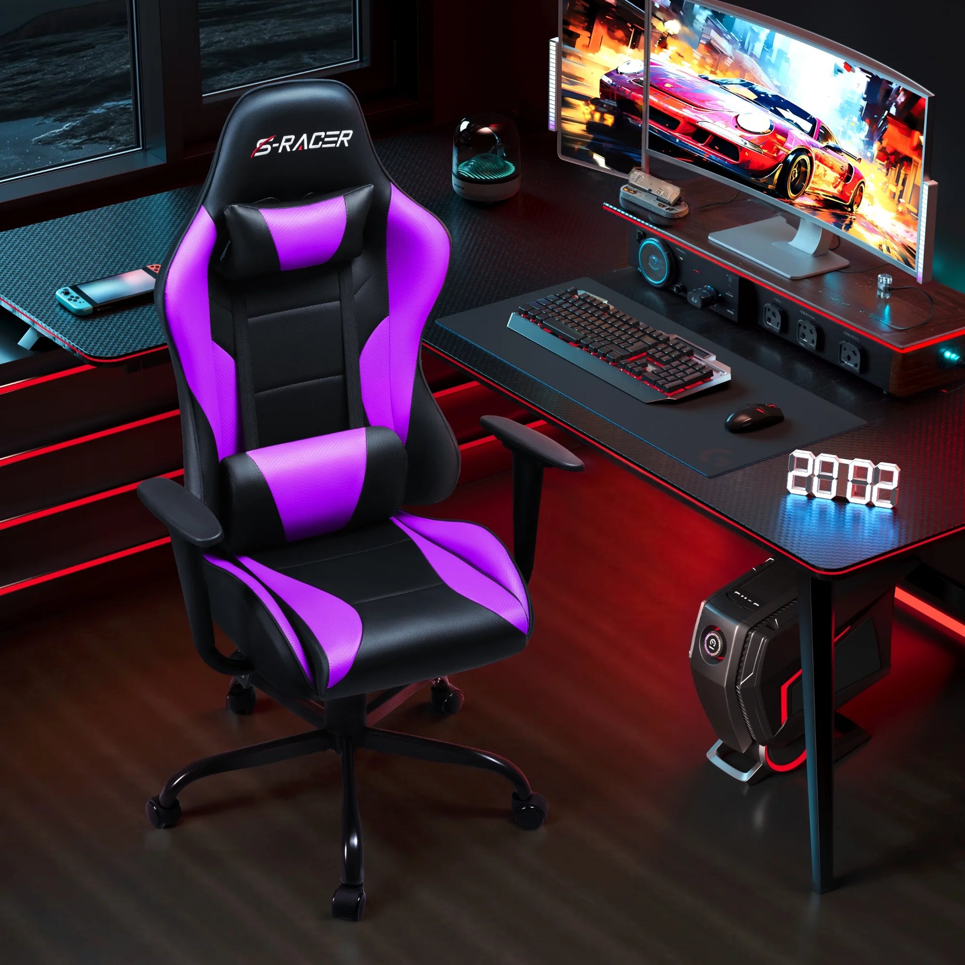 Gaming Chair Office Chair High Back Racing Computer Chair PU Leather Adjustable Seat Height Swivel Chair Ergonomic Executive Chair with Headrest, Purple