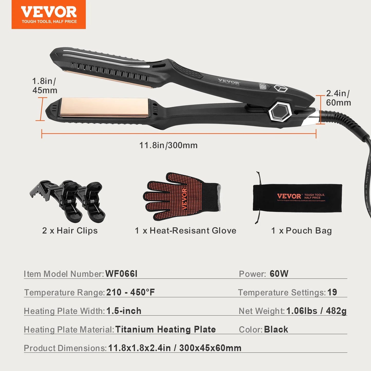 VEVOR Hair Straightener, 1.5-Inch Titanium Flat Iron, Dual Infrared Hair Straightener Flat Iron with LCD Display and 19 Temp Levels - 210¡Ãf to 450¡Ãf, Dual Voltage 110V/240V for Salon Home Travel Use