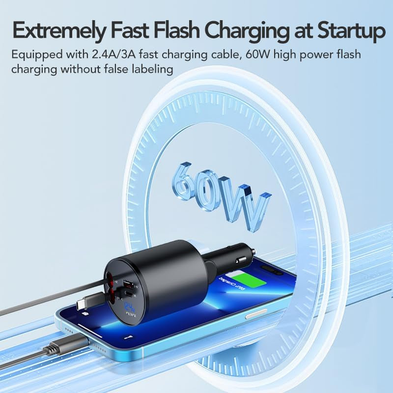 Retractable Car Charger, 4 in 1 Super Fast Car Phone Charger 60W, 2 Retractable Cables and 2 USB Ports Car Charger Adapter,Compatible with Iphone 16/15/14/13/12/11,Air-Pods 4,Galaxy,Pixel