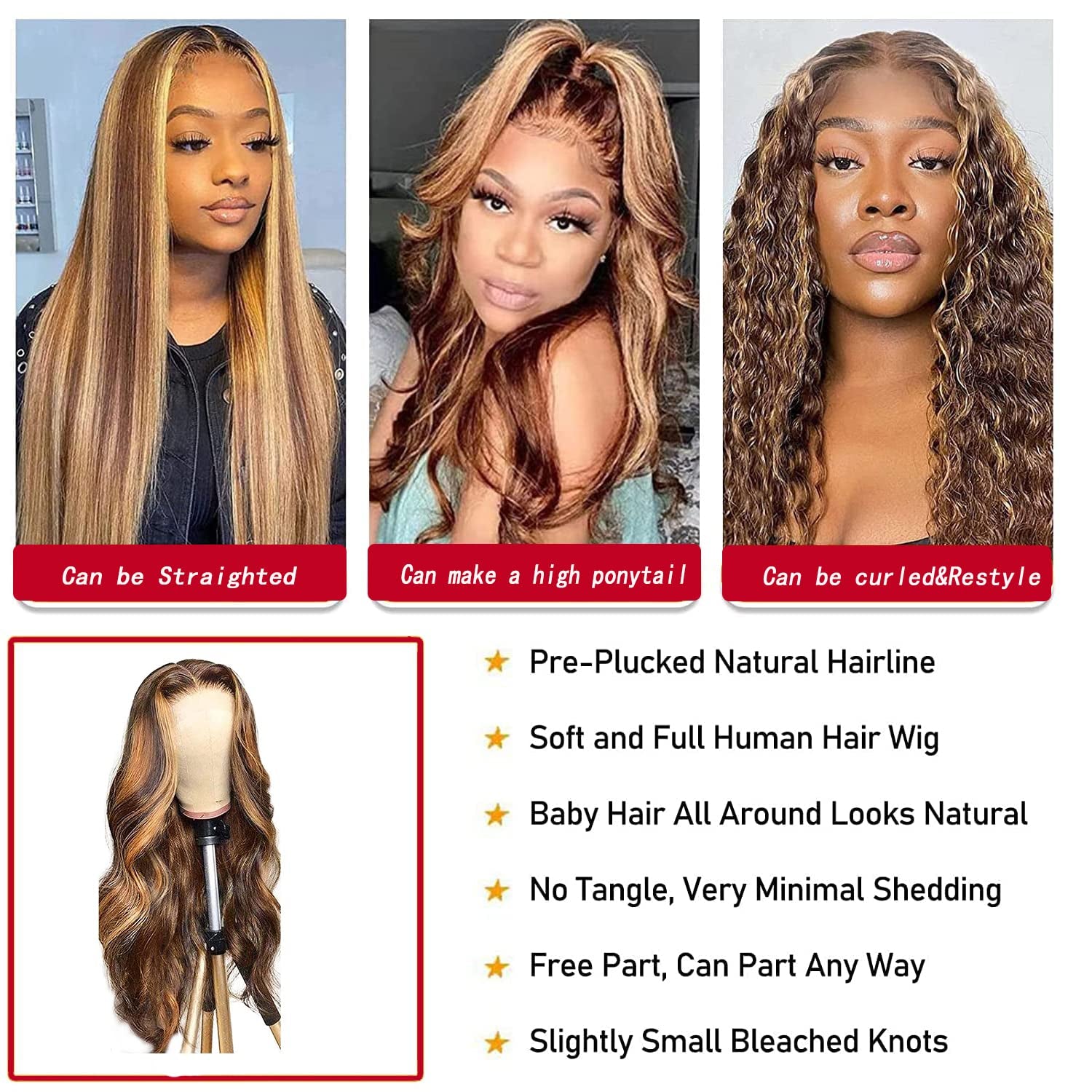 Highlight Ombre 13X4 HD Lace Front Wig Human Hair Pre Plucked Transparent 4/27 Honey Blonde Lace Frontal Wigs with Baby Hair 150 Density Colored Body Wave Lace Front Wig Human Hair 24 Inch