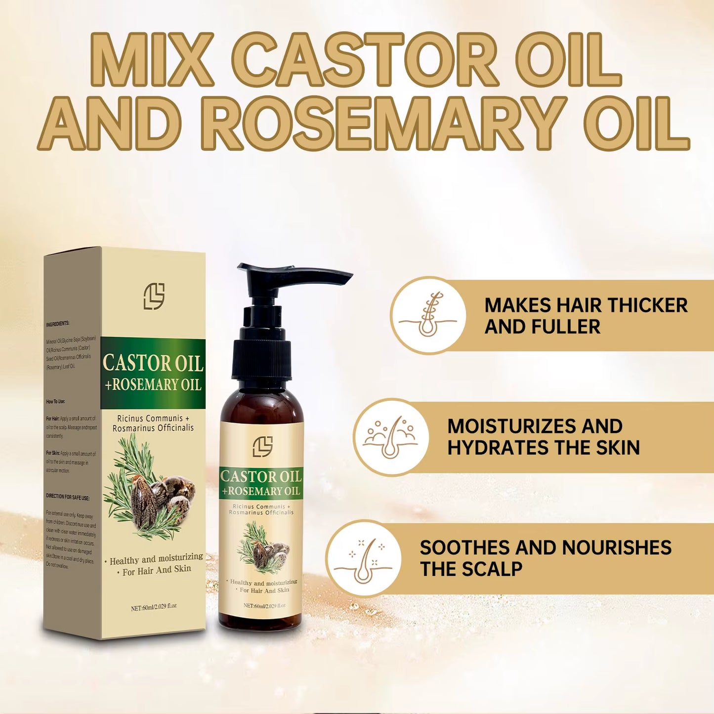 Mix Castor Oil and Rosemary Oil for Hair Growth Enhances Hair Thickness and Shine, Reduce Hair Loss and Split Ends Hair Care Oil