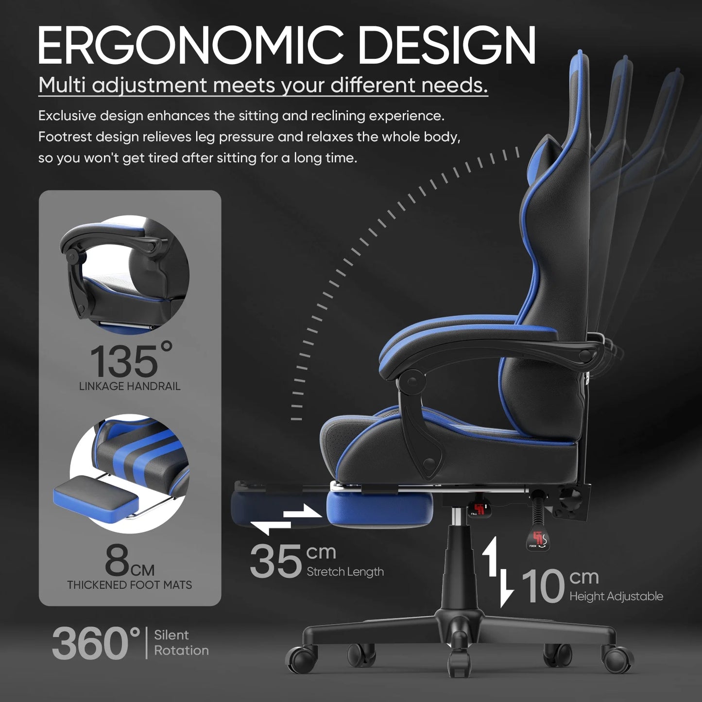 Gaming Chair, Ergonomic, with Massage Lumbar Pillow, Footrest, Adjustable Arms, Blue