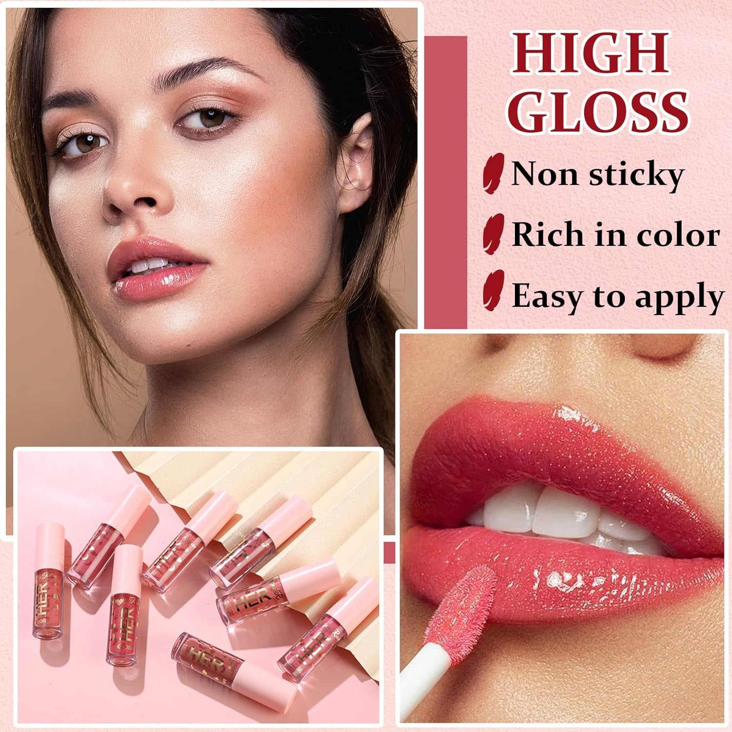 4 Pcs Glossy Lip Gloss Lipgloss Set Lip Stain Long Lasting Waterproof Moisturizing Lip Gloss Kit Plumping Nude Liquid Lipstick for Women - Set B