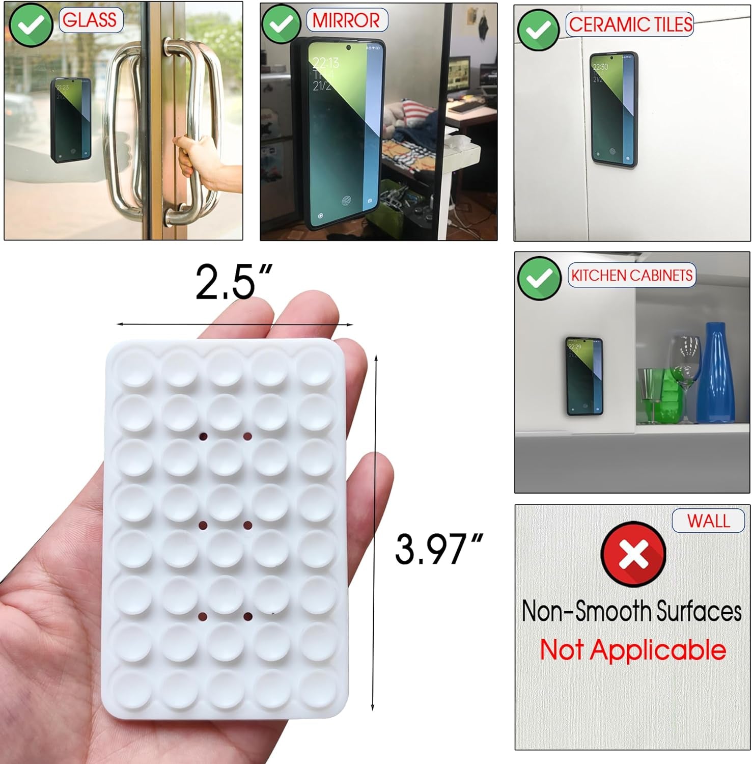 Double Sided Silicone Suction Cup Phone Mount Case for Selfies and Videos - Attach to Glass, Mirrors, Kitchen, Bathroom Sticky Grip for Iphone and Android - 3.97 Inches, White