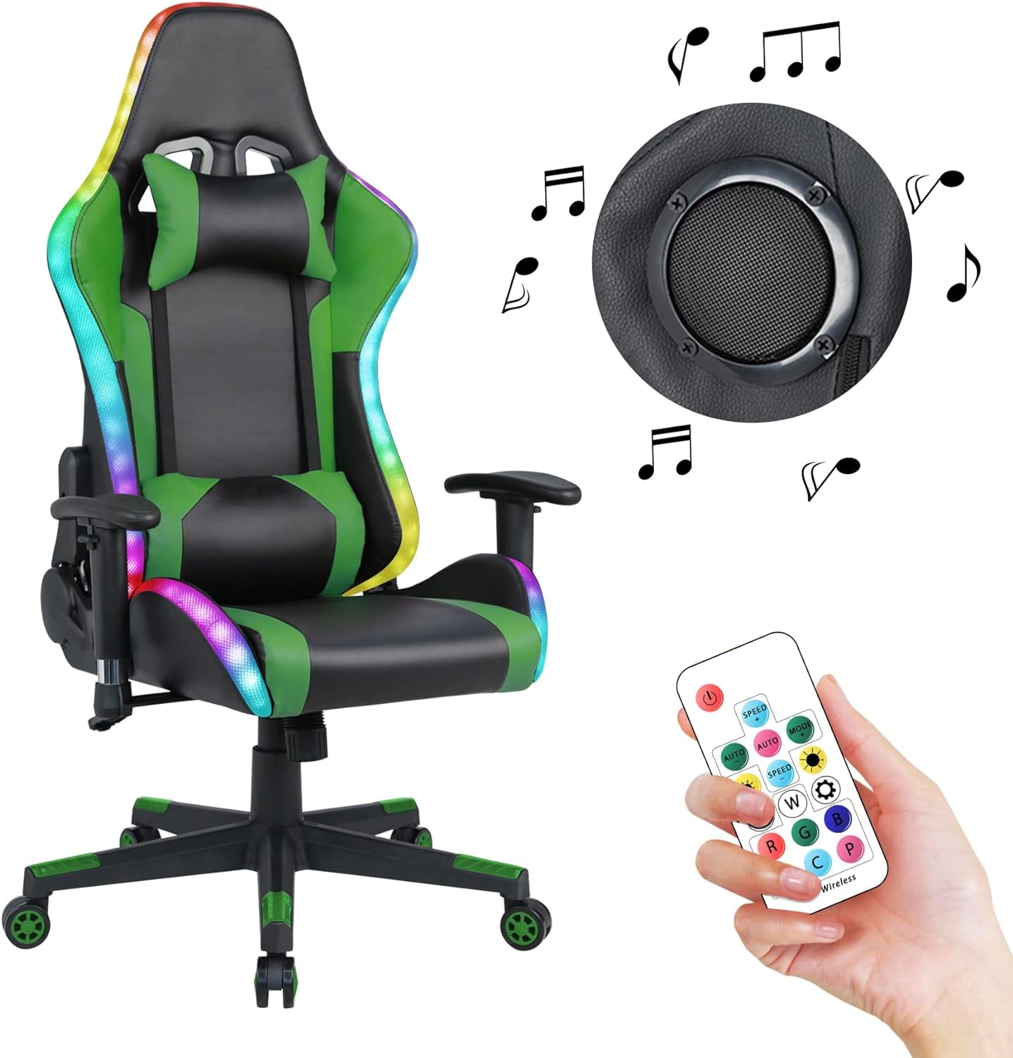 Gaming Chair with RGB LED Lights and Speakers,Video Game Chair, Swivel Racing Office Reclining Chair with Headrest & Lumbar Support, PU Leather High Back Computer Chair, Green