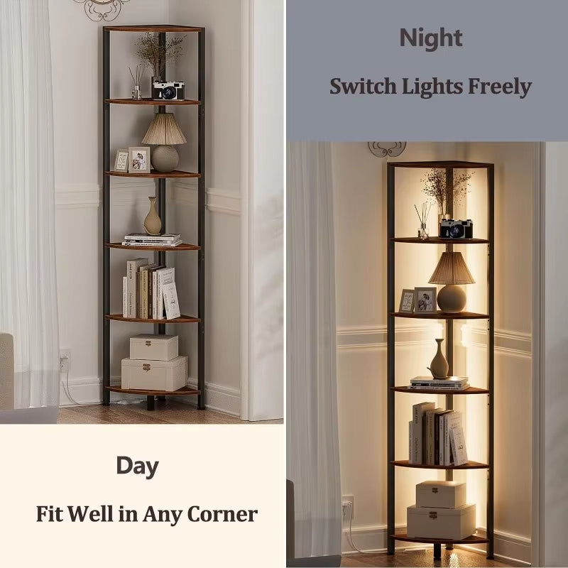 6 Tier Corner Shelf with LED Light, 67.5” Tall Standing Shelf Organizer, Narrow Bookshelf with Storage Rack for Wall Corner