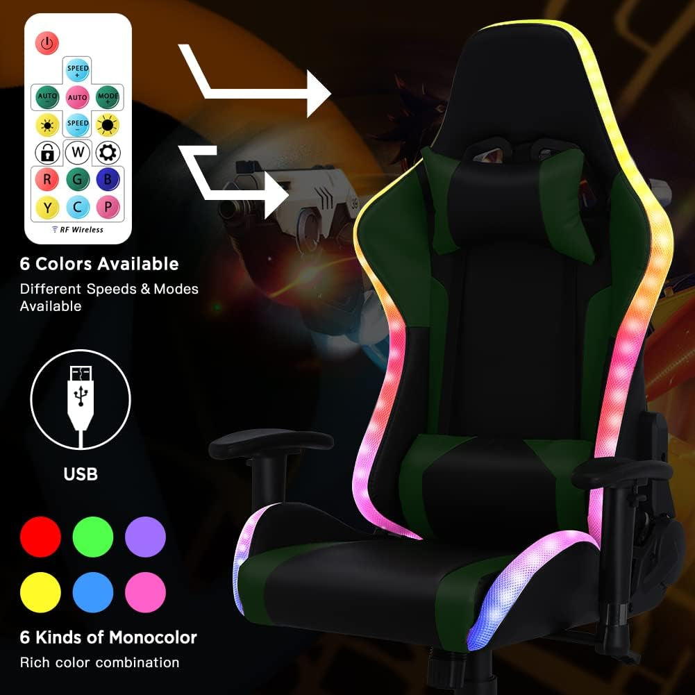 Gaming Chair with RGB LED Lights and Speakers,Video Game Chair, Swivel Racing Office Reclining Chair with Headrest & Lumbar Support, PU Leather High Back Computer Chair, Green