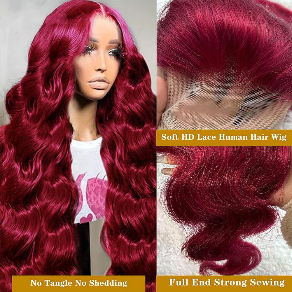 99J Burgundy Lace Front Wigs Human Hair 13X4 Lace Front Wigs Body Wave Wigs 180 Density HD Transparent Glueless Wigs Human Hair Pre Plucked with Baby Hair 22 Inch