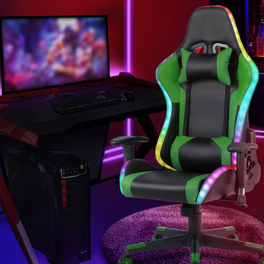 Gaming Chair with RGB LED Lights and Speakers,Video Game Chair, Swivel Racing Office Reclining Chair with Headrest & Lumbar Support, PU Leather High Back Computer Chair, Green