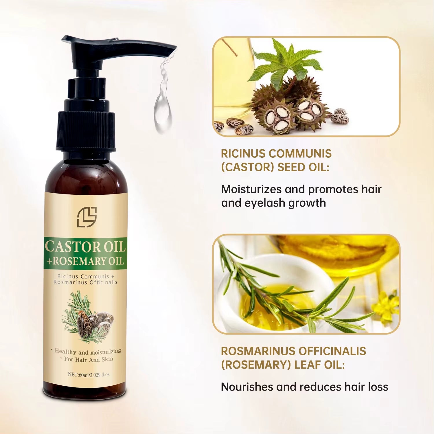 Mix Castor Oil and Rosemary Oil for Hair Growth Enhances Hair Thickness and Shine, Reduce Hair Loss and Split Ends Hair Care Oil