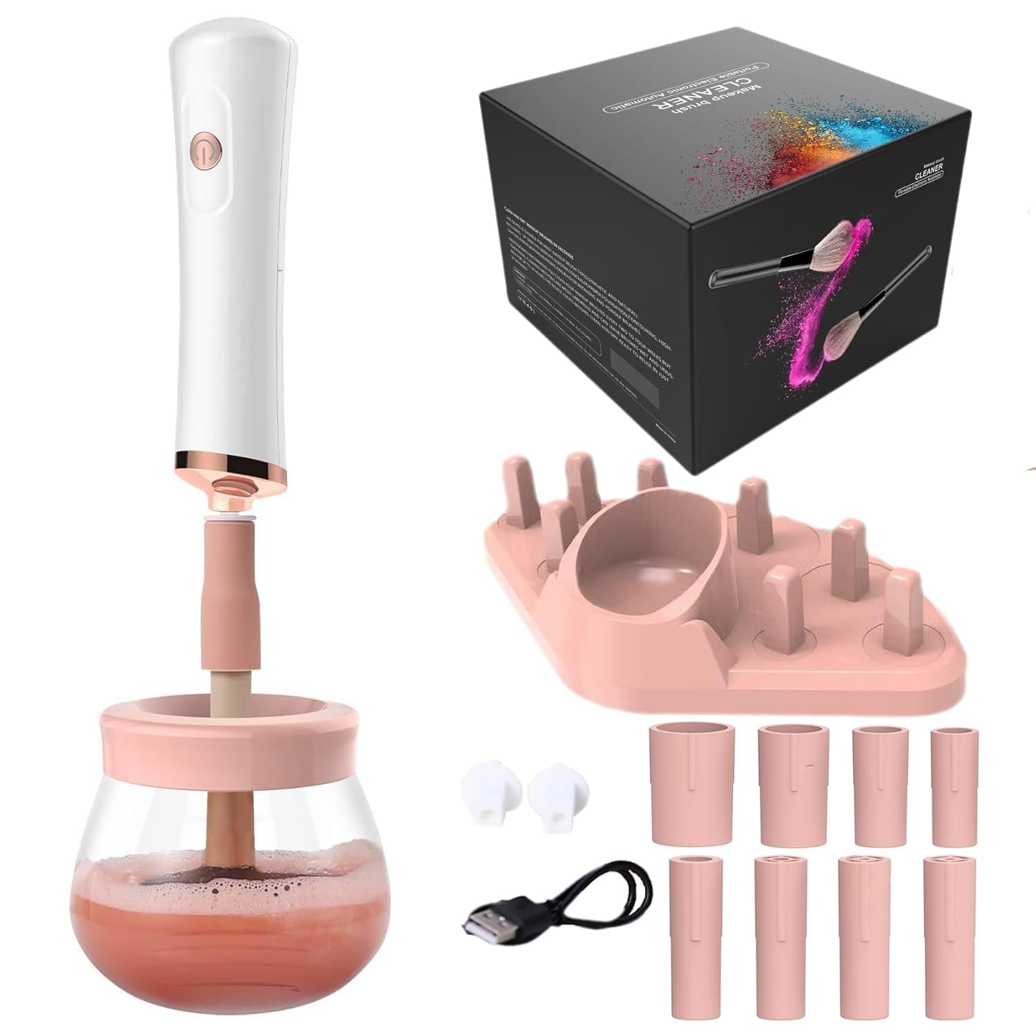 Electric Makeup Brush Cleaner Machine, Super-Fast Makeup Brush Cleaner and Dryer Machine with 8 Brush Collars, Automatic Brush Cleaner Spinner Makeup Brush Tools with Cleaning Bowl