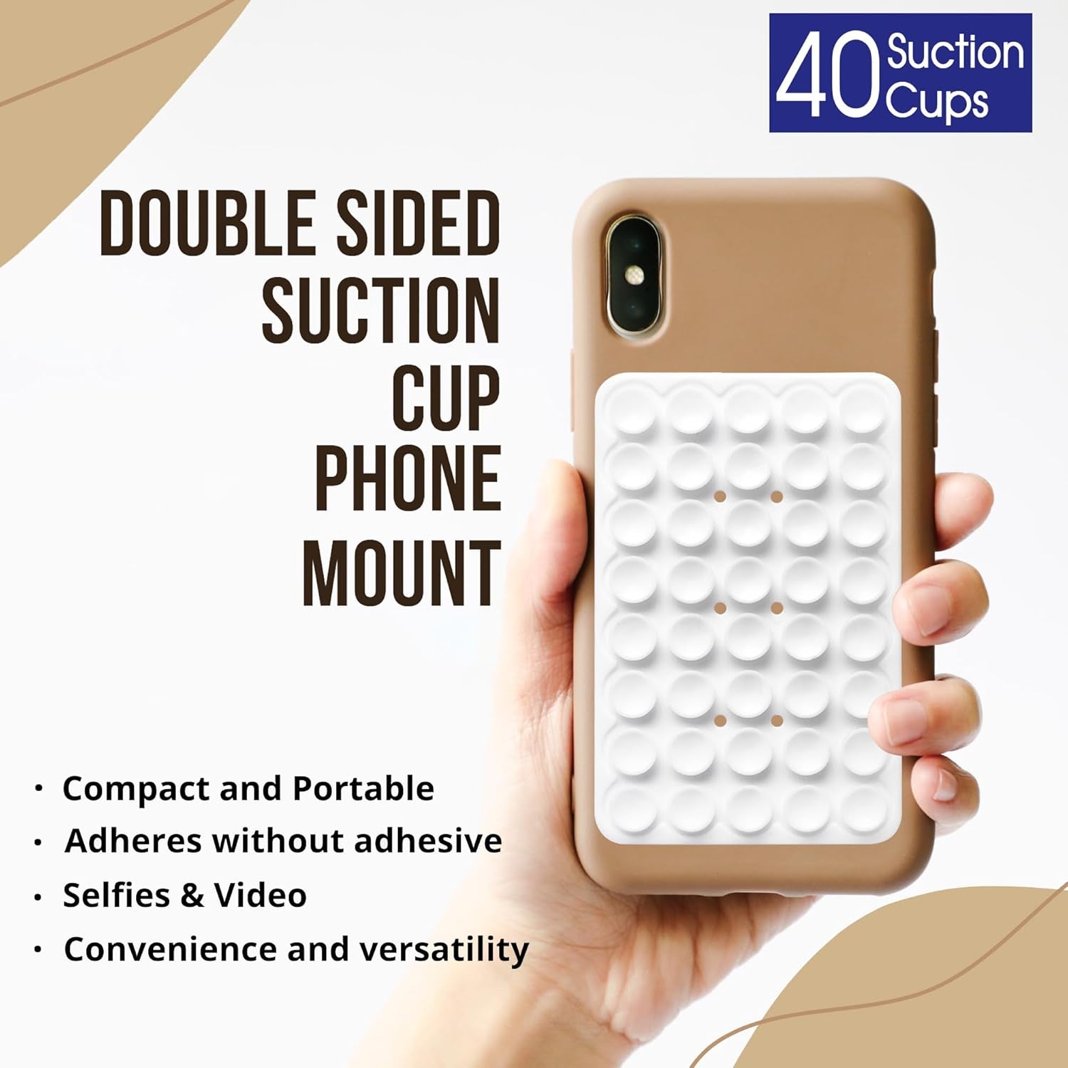 Double Sided Silicone Suction Cup Phone Mount Case for Selfies and Videos - Attach to Glass, Mirrors, Kitchen, Bathroom Sticky Grip for Iphone and Android - 3.97 Inches, White