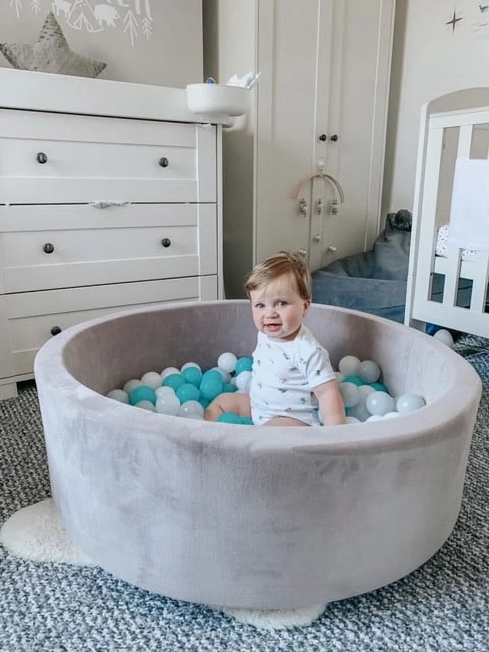 Grey Velvet Ball Pit with 200 Aqua, White, & Grey Balls