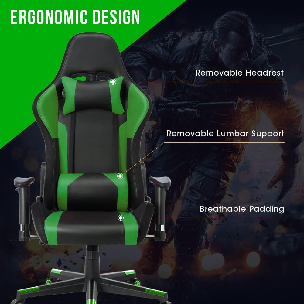 Gaming Chair with RGB LED Lights and Speakers,Video Game Chair, Swivel Racing Office Reclining Chair with Headrest & Lumbar Support, PU Leather High Back Computer Chair, Green