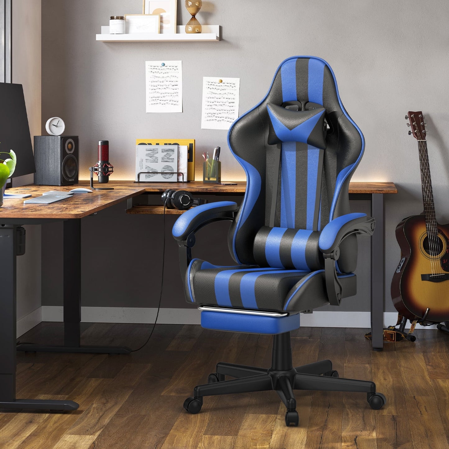 Gaming Chair, Ergonomic, with Massage Lumbar Pillow, Footrest, Adjustable Arms, Blue