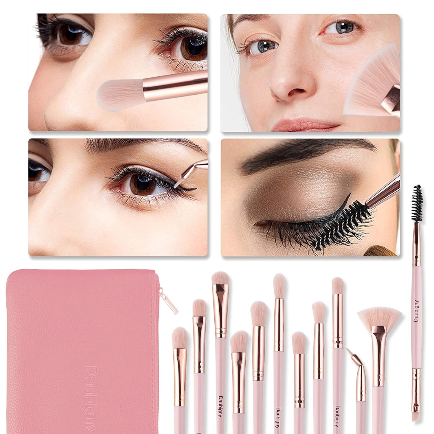 Eye Makeup Brushes,12 PCS Professional Eye Shadow, Concealer, Eyebrow, Foundation, Powder Liquid Cream Blending Brushes Set with Carrying Bag(Pink)