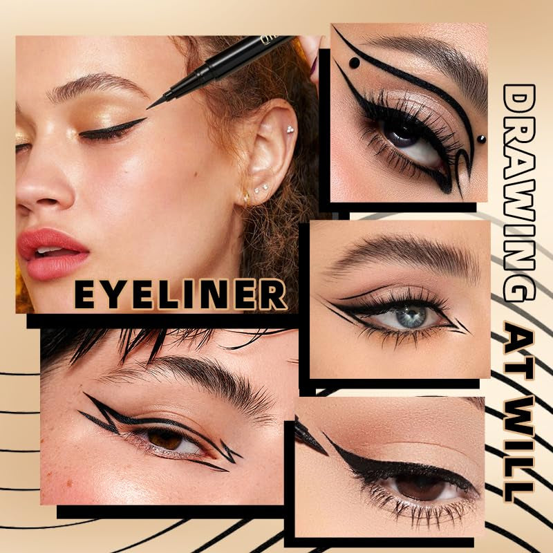 Black Water Liquid Eyeliner Lasting Ultra-Fine Precision Felt Eyeliner, Smudge-Proof Waterproof Eyeliner Pencil Wild Eyeliner Quick Drying Smooth Gel Eyeliner Pen Vegan Eye Makeup(A01# BLACK)