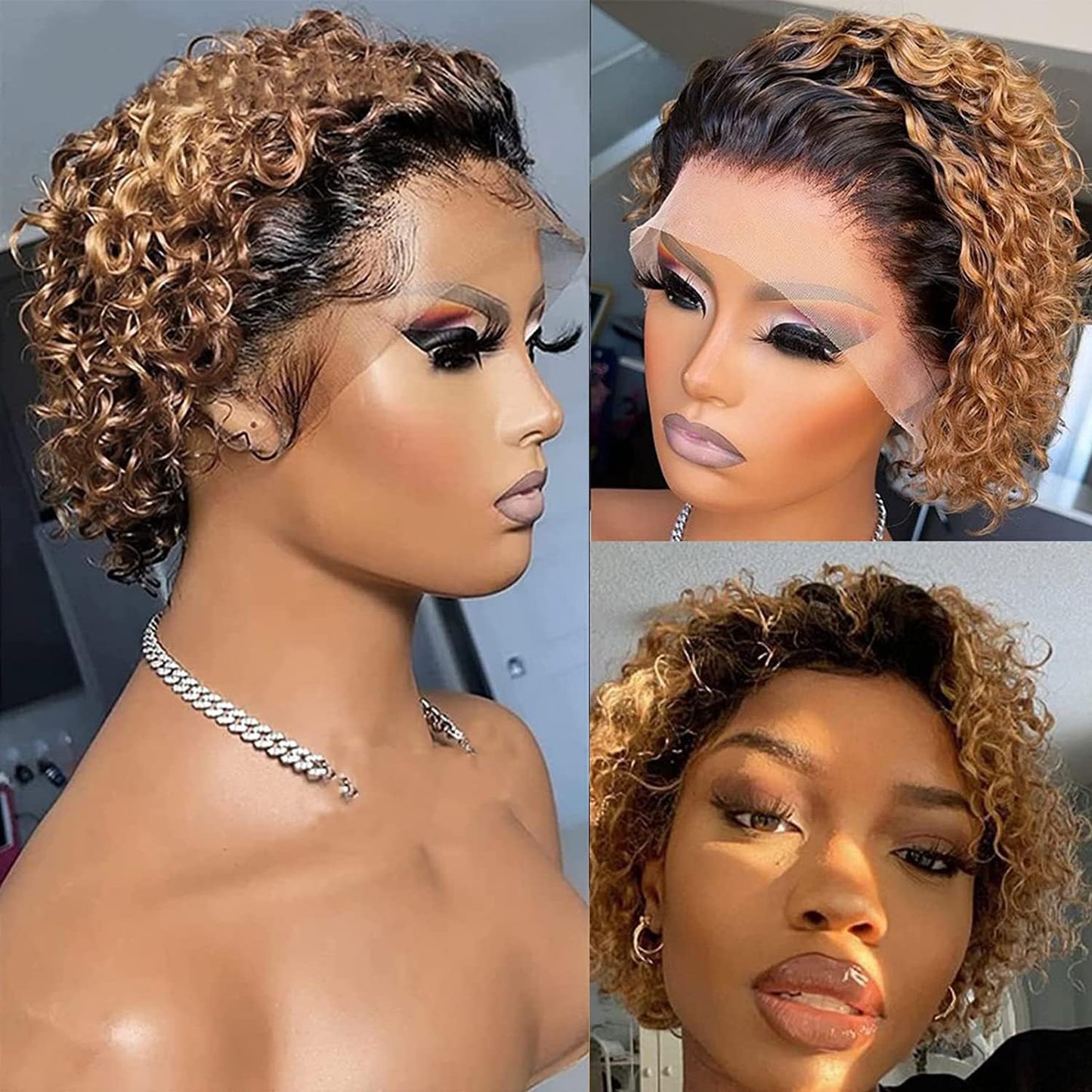 Honey Blonde Pixie Cut Wigs Human Hair for Black Women 13X1 Lace Frontal Wigs Short Curly Bob Wigs Pre Plucked Brazilian Remy Glueless Hair Wigs with Baby Hair 180% Density