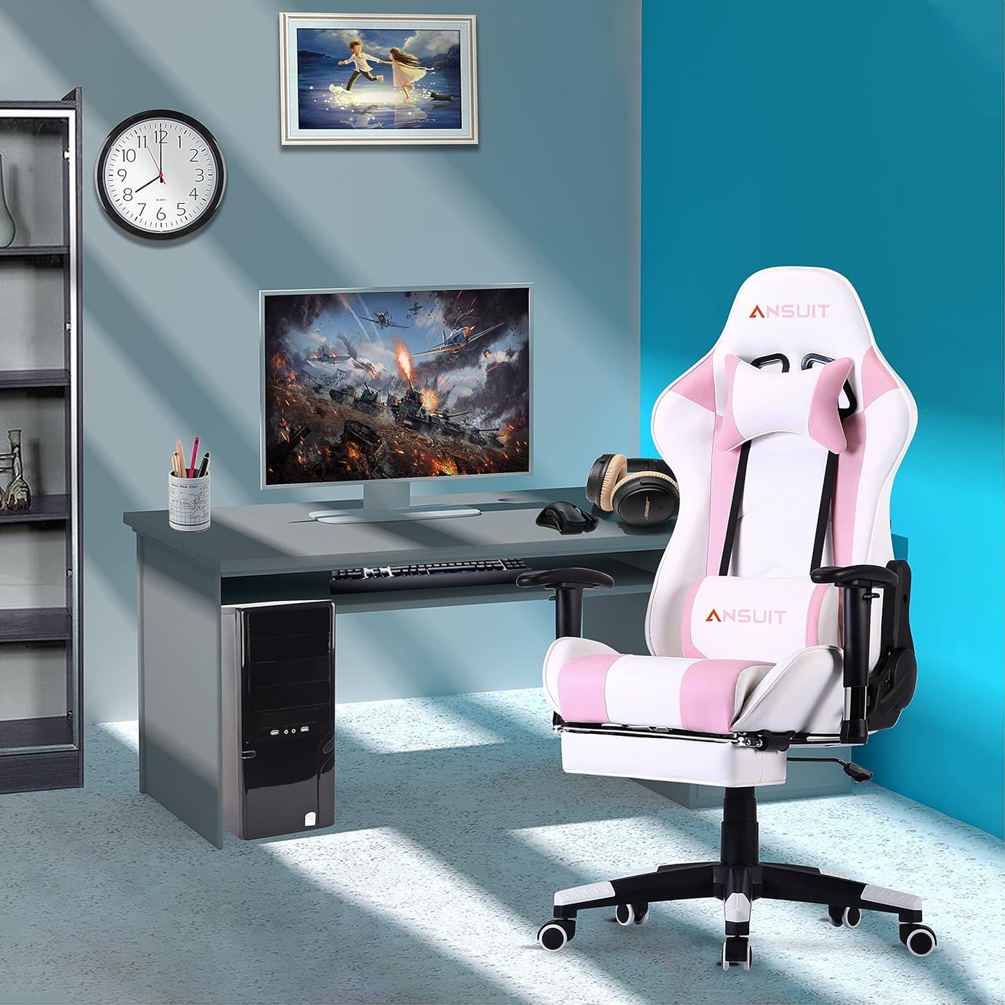 Girls Gaming Chair Pink Gaming Chair,Ergonomic Computer Chair Office Chair Gaming Chair for Adults(Footrest)(White & Pink)